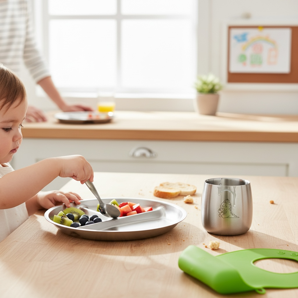 Dino Starter Mealtime Kit – Non-Toxic Stainless Steel Plate, Cup & Spoon