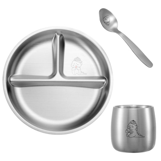 Dino Starter Mealtime Kit – Non-Toxic Stainless Steel Plate, Cup & Spoon