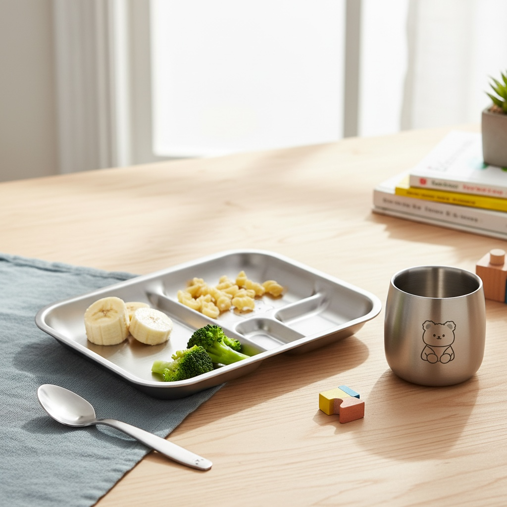 Teddy Starter Mealtime Kit – Non-Toxic Stainless Steel Plate, Cup & Spoon