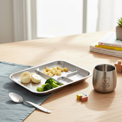 Teddy Starter Mealtime Kit – Non-Toxic Stainless Steel Plate, Cup & Spoon