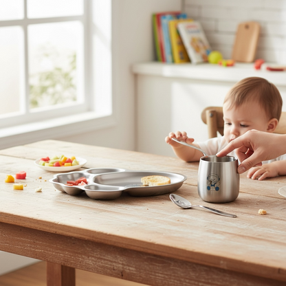 Space Starter Mealtime Kit – Non-Toxic Stainless Steel Plate, Cup & Spoon