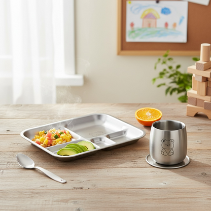 Teddy Starter Mealtime Kit – Non-Toxic Stainless Steel Plate, Cup & Spoon