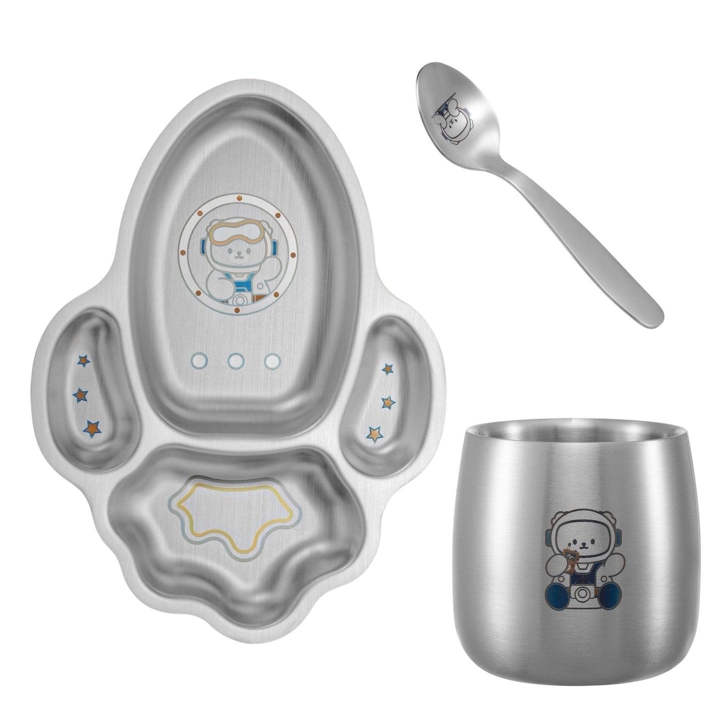 Space Starter Mealtime Kit – Non-Toxic Stainless Steel Plate, Cup & Spoon