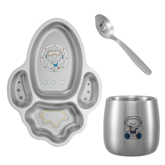 Space Starter Mealtime Kit – Non-Toxic Stainless Steel Plate, Cup & Spoon
